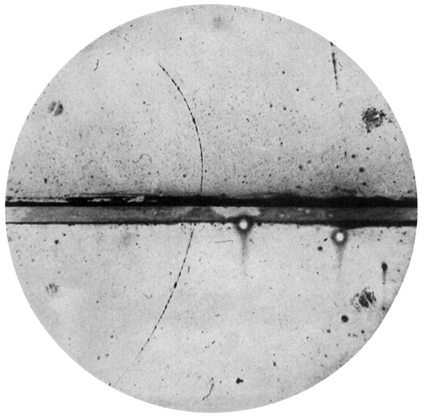 Cloud chamber photograph that first confirmed the existence of the positron.